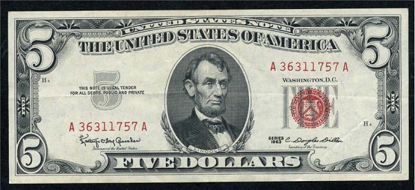 United States five dollars note with JFK
